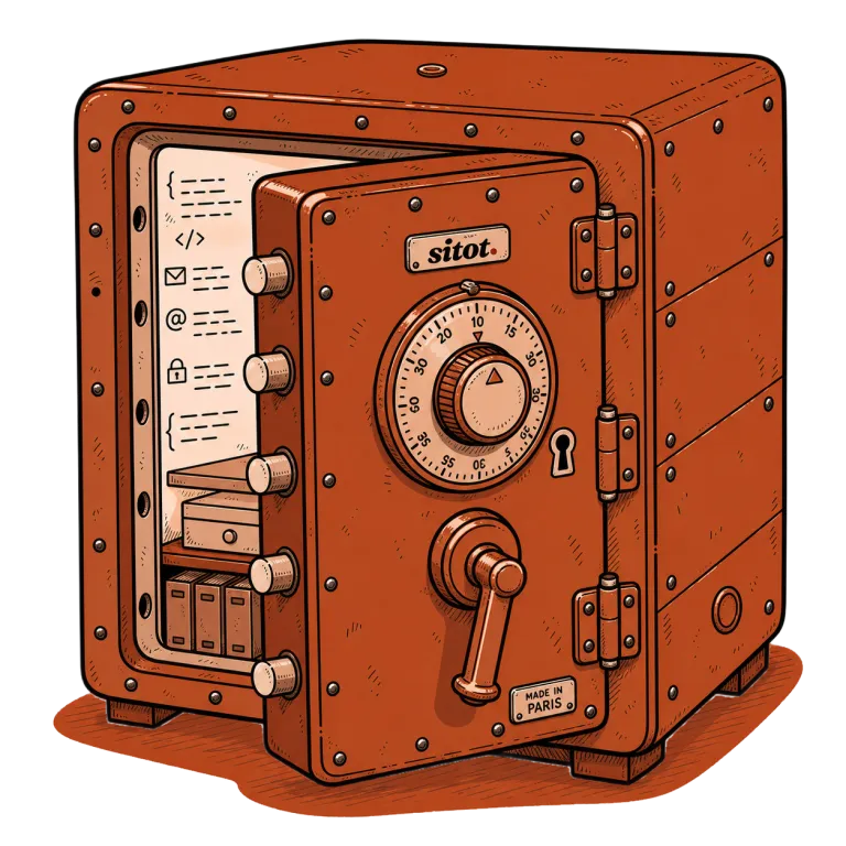 Illustration d'un coffre-fort « sitot. » fermé contenant des données, symbole de l'absence de revente de données.