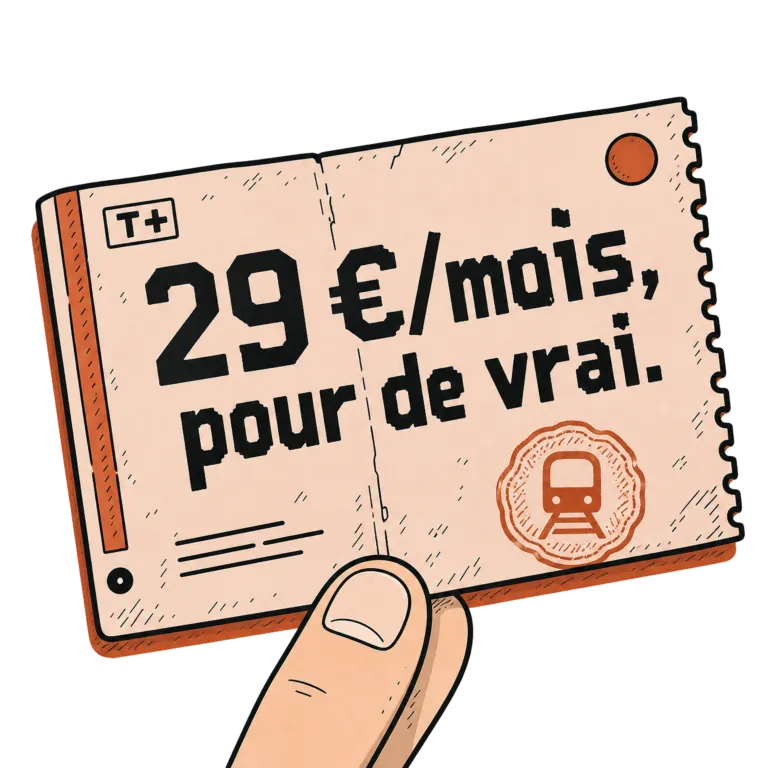 Illustration d'un ticket affichant « 29 €/mois, pour de vrai », symbole des prix transparents.