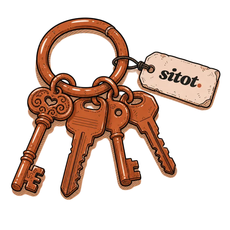 Illustration d'un trousseau de clés avec une étiquette « sitot. », symbole de la propriété 100 % à vous.